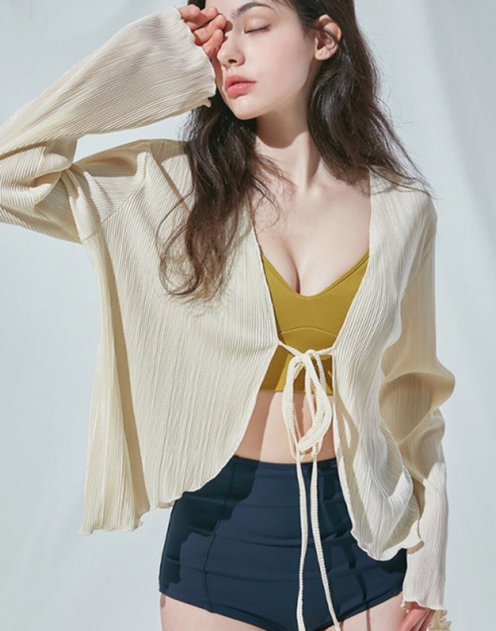 Commense Textured Ruffle Trim Tie Flowy Cream Blouse L NWT